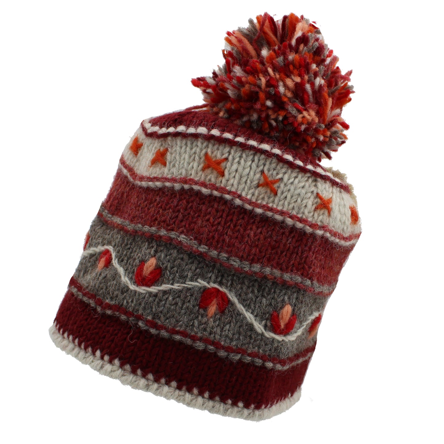 Striped Embroidered Hat w. Pompom