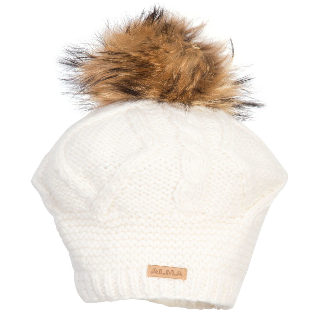 Cable Beret w. Raccoon Fur Pompom