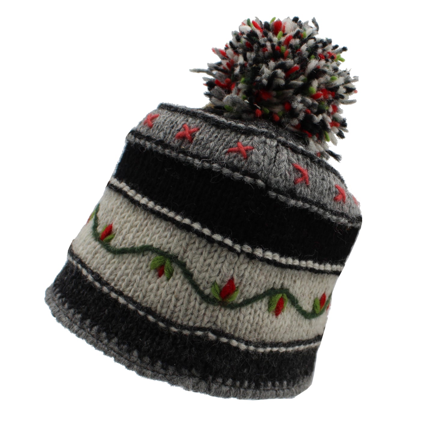 Striped Embroidered Hat w. Pompom