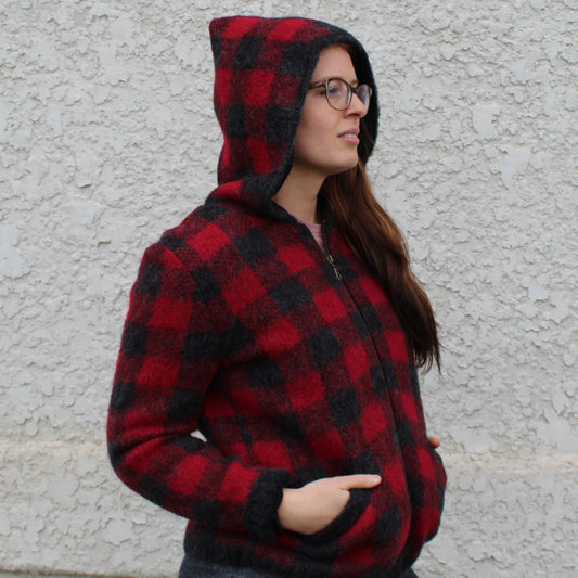 Lined Zip Hooded Women's Cardigan - Checked
