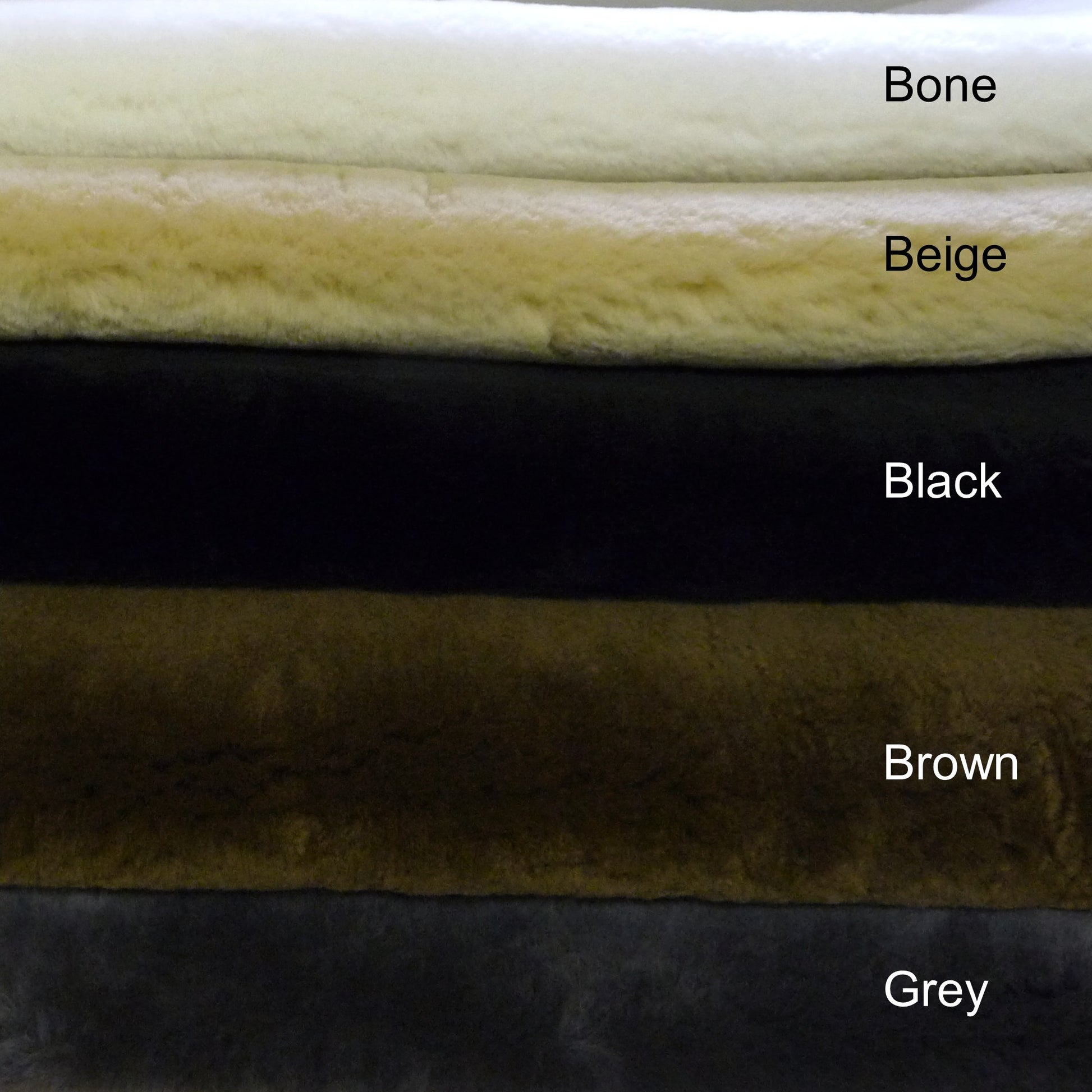 25 mm Shearling Sheepskin. Colours: Bone, Beige, Black, Brown or Grey